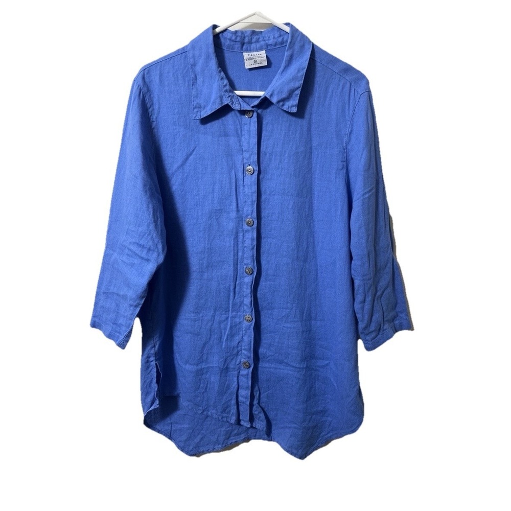 CLICK Color Me Cotton 100% Linen Top XL Lagenlook Blue Asymmetrical Hem USA